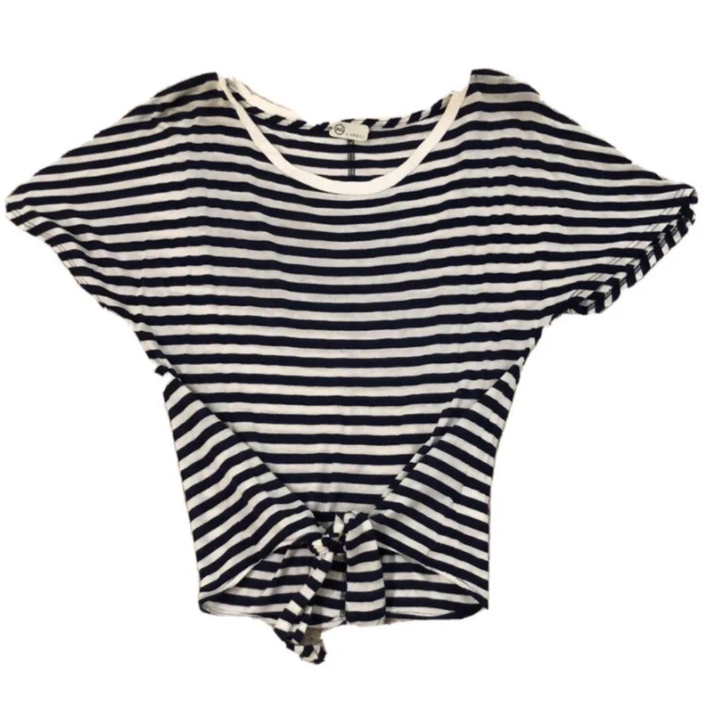 AG Navy and White Striped Tie Front Cropped Tee